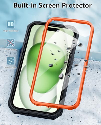 FNTCASE for iPhone 15 Case with Belt Clip and Built-in Screen Protector | Rugged Kickstand, 20FT Military-Grade Drop Protection, Full Body Heavy Duty Shockproof Holster, Hard Protective Cover - color: Orange