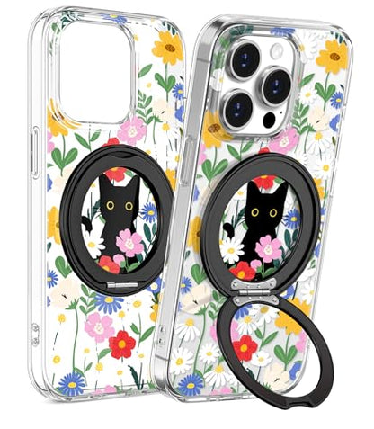Loheckle for iPhone 12/12 Pro Case with Stand- Compatible with MagSafe Women Girls Cute Clear Girly Unique Design Soft TPU Magnetic Ring Phone Cover for Apple 12/12 Pro, Cat Flower