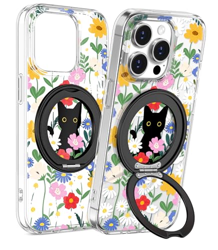 Loheckle for iPhone 12/12 Pro Case with Stand- Compatible with MagSafe Women Girls Cute Clear Girly Unique Design Soft TPU Magnetic Ring Phone Cover for Apple 12/12 Pro, Cat Flower