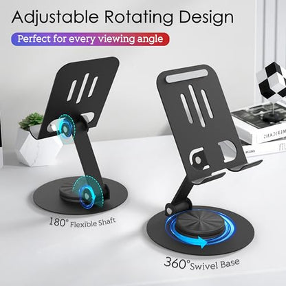 2 Pack Metal Cell Phone Stand for Desk, Multi-Angel Adjustable 360° Rotation Desktop Phone Holder and Foldable Mobile Phone Stand, Compatible with All Smartphones, Black&Black - color: (2 Pack) Black&Black