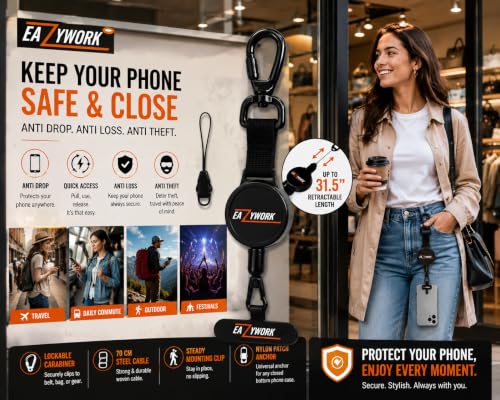Anti Theft Phone Strap retractable lanyard For Sport Festival Travel Steel Line Cellphone Strap With Locking Carabiner and Metal 360° Iphone Tether Tab For Outdoor Skiing Fishing Climbing Hiking