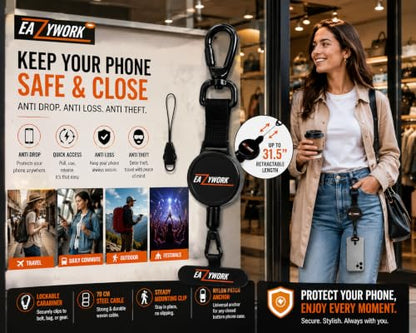 Anti Theft Phone Strap retractable lanyard For Sport Festival Travel Steel Line Cellphone Strap With Locking Carabiner and Metal 360° Iphone Tether Tab For Outdoor Skiing Fishing Climbing Hiking