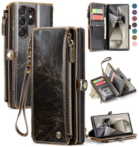 Defencase for Samsung Galaxy S23 Ultra Wallet Case with Card Holder, Coffee | Durable PU Leather, with RFID Blocking Zipper Pocket, Wrist Strap, S23 Ultra Flip Phone Cases Cover with Stand for Women Men - color: Luxury Coffee