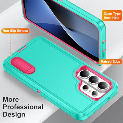 for Samsung Galaxy S26 Ultra Case with Kickstand Case 3-Layer Military Grade Protective Case Cover Silicone Heavy Duty Rugged Shockproof for Galaxy S26 Ultra Phone Case (Cyan+Rose Red) - color: Cyan+Rose Red