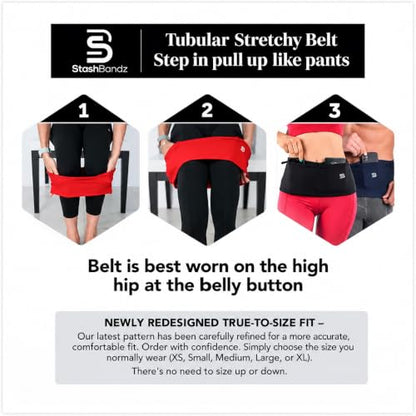 StashBandz Running Belt, Fanny Pack, & Money Belt, 4-Pocket Phone Holder - color: Black, size: Medium