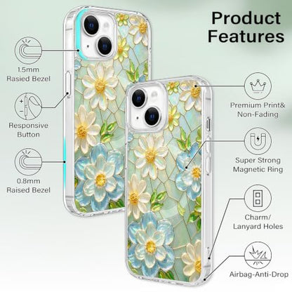 for iPhone 13 Mini 5.4" Magnetic Case【Compatible with MagSafe】 Aesthetic Oil Painting Stained Glass Flower Design, Slim Fit Hard PC Back Shockproof Cute Clear Phone Cover, White Blue - color: White Blue, size: iPhone 13 Mini