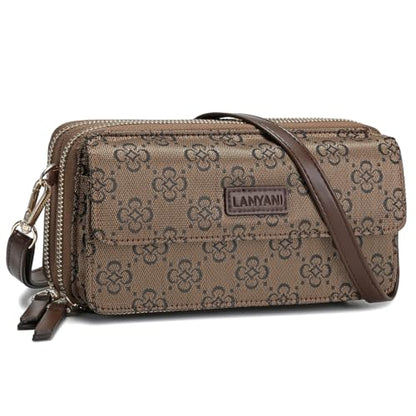 RFID Crossbody Wallet Wristlet Purse with Phone Pocket For Women Vegan Leather - color: Zh-jacquard-bronze