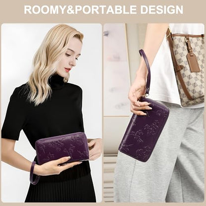 yiijay Womens Wallet RFID Blocking Large Capacity Vegan Leather Double Zip Wristlet Wallet Card Holder Travel Ladies Clutch - color: Dark Purple