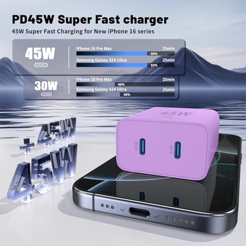 QZIIW iPhone 17 16 15 Pro Max Fast Charger,45W Dual Port USB C Fast Charger - color: Purple, size: 3FT+6FT+10FT+10FT