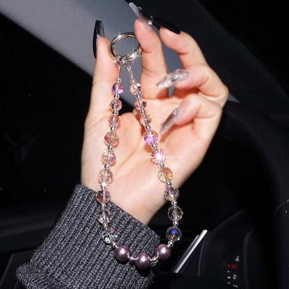 Sparkle Crystal Pearl Phone Wrist Strap for Women, Sparkling Beaded Cellphone Lanyard Chain - color: Purple