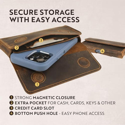 Moonster Leather Phone Holster – Genuine Full-Grain Leather for iPhone 17/16/15/14 Pro Max & Plus, Galaxy S25/S24 Ultra – Slim Belt Clip Phone Pouch with Magnetic Closure, Fits Thick Cases – 7” x 3.5” - color: Brown Horizontal