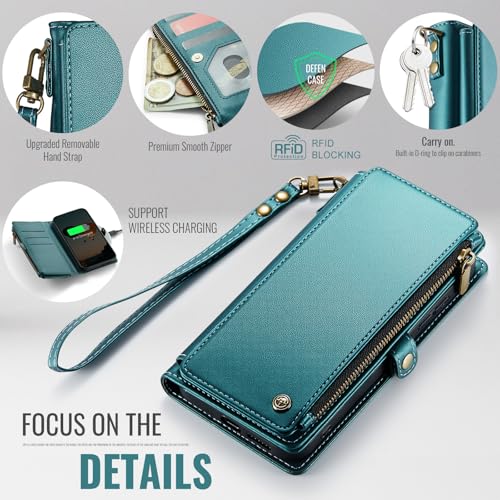 Defencase for Samsung Galaxy S26 Wallet Case with RFID Card Holder, Green | Durable Soft PU Leather, with Zipper Pocket, Wrist Strap, Fashion Snap Flip S26 Phone Cases Cover with Stand for Women Men - color: Blue Green