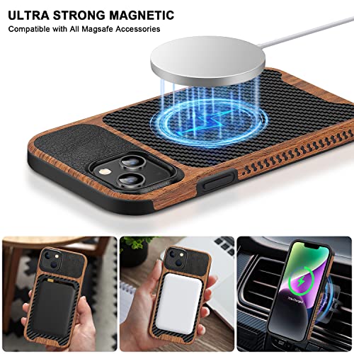 TENDLIN Magnetic Case Compatible with iPhone 14 Plus Case Wood Grain with Carbon Fiber Texture Design Leather Hybrid Slim Cover (Compatible with MagSafe) Black - color: Magnetic Black, size: iPhone 14 Plus
