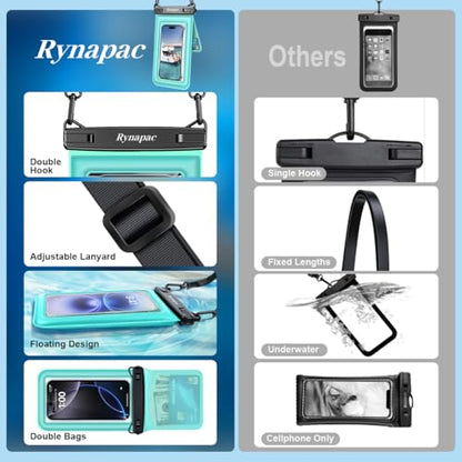 Rynapac Double Space Floating Waterproof Phone Pouch [Up to 8.5''], 2 Pack | Touchscreen, IPX8 Waterproof Phone Case, for iPhone 17 16 15 14 Pro Max, Adjustable Lanyard, Beach & Cruise Essentials 2026 - color: Pink & Green