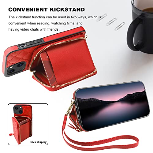 Bocasal Crossbody Wallet Case Card Holder for iPhone 13, Red | RFID Blocking PU Leather Zipper Handbag Purse, Kickstand Flip Folio Case with Card Slots Holder Wrist Strap Lanyard 6.1 Inch - color: Red