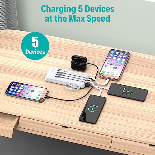 Portable Charger with Built in Cables,10000mAh Slim USB C Power Bank,White - color: White