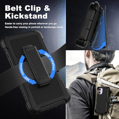 for iPhone 17 Case with Belt Clip Holster,[Compatible with MagSafe] w/Screen Protector,Anti-Drop Shockproof Heavy Duty Protective Rugged Magnetic Phone Cover,with 360°Rotating Kickstand (Black - color: Black