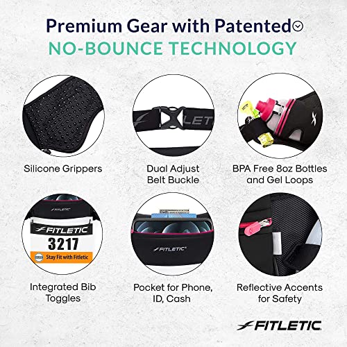 Fitletic Hydration Running Belt with Water Bottles for Men & Women – 2 Quick Flow 8oz Running Water Bottles, Patented Bounce Free Design, Water Resistant Pouch Fits All Phones – Hydra 16 - size: S/M (24"-34"), style: Black & Pink