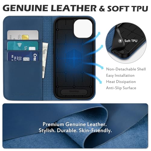 SHIELDON Genuine Leather Case Wallet for iPhone 15 6.1" 2023, Royal Blue | Folio Magnetic Closure, RFID Blocking, Credit Card Holder, Kickstand, Shock Absorbing Protective Cover - color: Royal Blue