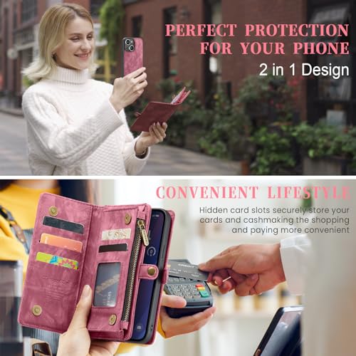 Compatible with iPhone 15 Plus Wallet Case with Magsafe,Red | Magnetic Detachable Case,Card Holder,Zipper Pocket,Strap Wristlet, Soft Leather Drop-Proof Phone Case for iPhone 15 Plus 6.7" - color: Red, size: iPhone 15 Plus 6.7"