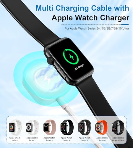Multi Charging Cable for Apple Watch - 100W 10ft 4-in-1 Fast Charger with Lightning, USB C, Micro USB & Apple Watch Charger for iWatch, iPhone, MacBook Pro - White