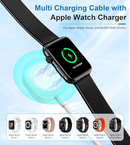 Multi Charging Cable for Apple Watch - 100W 10ft 4-in-1 Fast Charger with Lightning, USB C, Micro USB & Apple Watch Charger for iWatch, iPhone, MacBook Pro - White