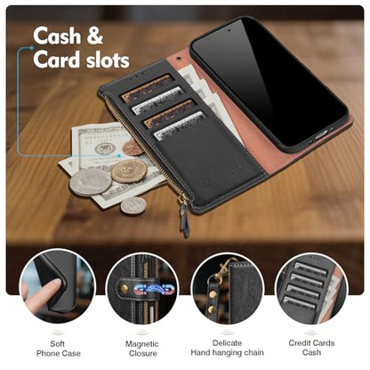 Compatible with iPhone 17e / 16e Wallet Case with Card Holder RFID Blocking Zipper Poket PU Leather Flip Phone Case with Wrist Strap Credit Card Slots Men Women,Black - color: Black