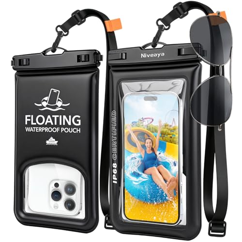 Niveaya IP68 Floating Waterproof Phone Pouch, 2 Pack Up to 8.5" | Water Proof Phone Case with Lanyard for iPhone 17 16 15 Pro Max,Touchscreen & Underwater Photography, Beach Cruise Essentials - color: Black+Black