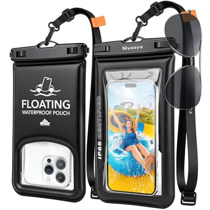 Niveaya IP68 Floating Waterproof Phone Pouch, 2 Pack Up to 8.5" | Water Proof Phone Case with Lanyard for iPhone 17 16 15 Pro Max,Touchscreen & Underwater Photography, Beach Cruise Essentials - color: Black+Black