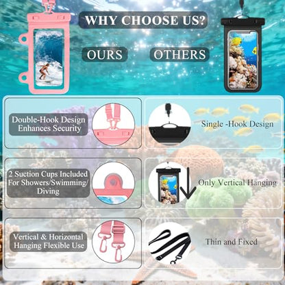 Larger Waterproof Phone Pouch iPhone &Shower Phone Holder Waterproof with 2 Suction Cups,Water Phone Protector Pouch with Adjustable Lanyard for iPhone 17 16 ProMax (Black+Pink, 2 PCS) - color: Black+Pink