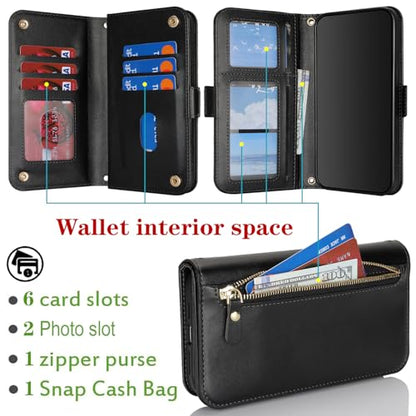 for iPhone 15 Pro Wallet Case for Women,for iPhone 15 Pro Case with Strap Crossbody Lanyard,PU Leather Shockproof Card Holder Stand Zipper Pocket Flip Phone Case-Black - color: Black