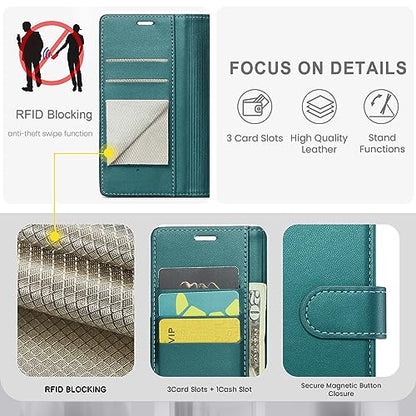 FLIPALM Wallet Case for iPhone 16e, Green | Card Holder, RFID Blocking, PU Leather Folio Flip, Kickstand, Protective Shockproof Cover - color: Green