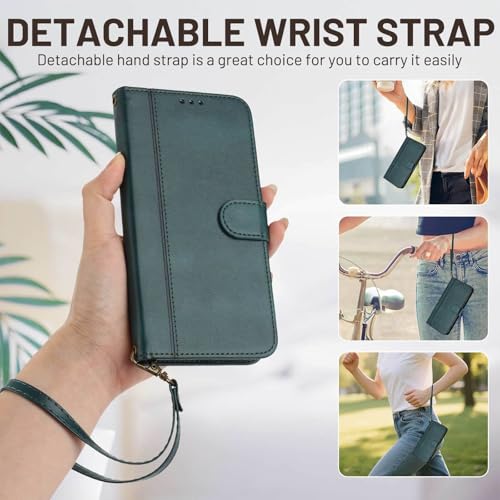 for Galaxy A17 5G Phone Case Wallet and Wrist Strap (Green) | Card Holder Slots, PU Leather, Flip Cover, Magnetic Closure, Kickstand, Folio Protective, for Samsung A17 Case - color: Green