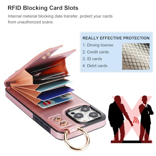 Folosu for iPhone 15 Pro Max Wallet Case with Card Holder, Hand Wrist Strap Loop Holder Kickstand, RFID Blocking Finger Grip Ring PU Leather Double Buttons Shockproof Cover 6.7" Rose Gold - color: Rose Gold