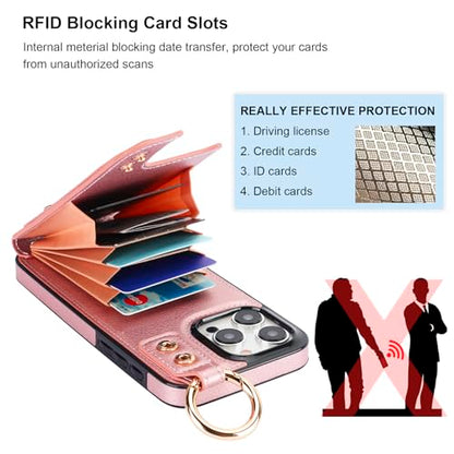 Folosu for iPhone 15 Pro Max Wallet Case with Card Holder, Hand Wrist Strap Loop Holder Kickstand, RFID Blocking Finger Grip Ring PU Leather Double Buttons Shockproof Cover 6.7" Rose Gold - color: Rose Gold