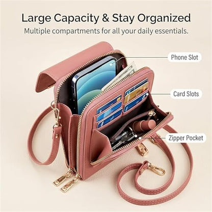 Anti Theft Leather Bag, Touch Screen Crossbody Phone Purse, Crossbody Purses for Women, 2‑in‑1 Wallet, Adjustable - color: Pink