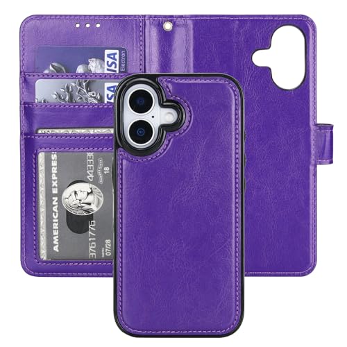 Bocasal Detachable Wallet Case Card Holder for iPhone 17, Purple | RFID Blocking Kickstand Card Slots Holder PU Leather Magnetic Shockproof Wrist Strap Removable Flip Protective Cover 6.3 inch - color: Purple