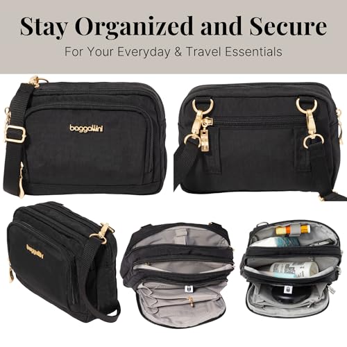 Baggallini Triple Zip with Front Wallet/Trifecta RFID Wallet Crossbody - color: Black W/ Gold Hardware