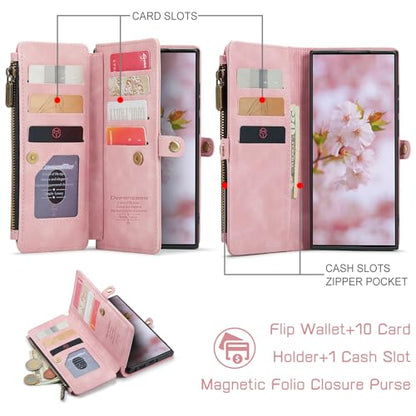 Defencase for Samsung Galaxy S25 Ultra Wallet Case with Card Holder, Pink | with RFID Blocking Zipper Pocket, Durable PU Leather, Wrist Strap, S25 Ultra Flip Phone Cases Cover with Stand for Women Men - color: Airy Rose Pink
