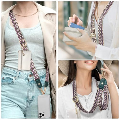 UKON Adjustable Phone Lanyard Crossbody Strap With Wallet Clip-and-Go Strap with Zippered Pouch Widened Phone String for iPhone Hands-Free for Travelling Concerts - color: Purple+beige