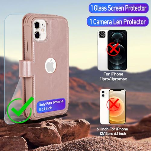 VANAVAGY Wallet Case for iPhone 11 6.1 inch, Rose Gold | 12ft Drop-proof Cover for Women Men, Silm PU Leather, RFID Blocking Card Holder, Wrist Strap, Screen Protector - color: Rose Gold