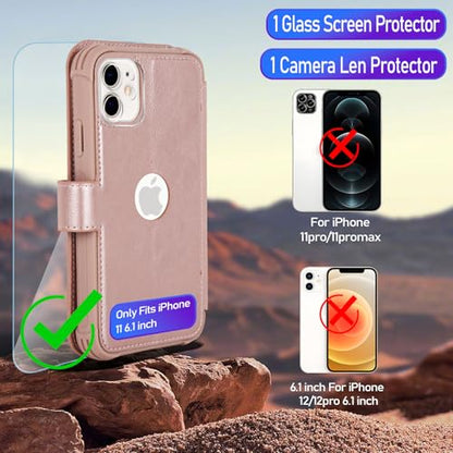 VANAVAGY Wallet Case for iPhone 11 6.1 inch, Rose Gold | 12ft Drop-proof Cover for Women Men, Silm PU Leather, RFID Blocking Card Holder, Wrist Strap, Screen Protector - color: Rose Gold