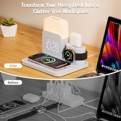 7 in 1 Wireless Charging Station, 25W Charger with Alarm Clock Night Light - color: Blue