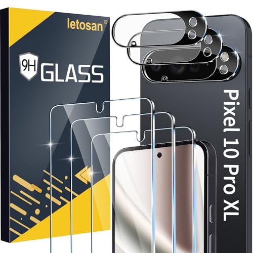 letosan 3 Pack for Google Pixel 10 Pro XL Screen Protector Tempered Glass + 3 Pack Camera Lens Protector, Military Grade Shatterproof, 9H Hardness, Fingerprint Unlock,Case Friendly 6.8 Inch - size: Pixel 10 Pro XL-6.8 Inch