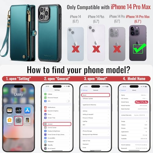 Defencase for iPhone 14 Pro Max Case Wallet Compatible with Magsafe, Green | Drop-Proof Magnetic Detachable Phone Cases Cover, with RFID Bolcking Card Holder, Zipper Strap, PU Leather, Removable Wallet - color: (Detachable with Magsafe)-Blue Green