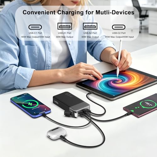 NOBIS Portable Charger 20000mAh 65W Power Bank w/Detachable Cable - color: Black