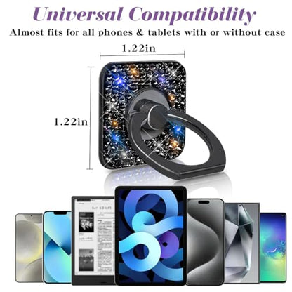 Bling Crystal Rhinestone Cell Phone Ring Holder Grip，360°Rotation Metal Finger Cute Glitter Stand Kickstand Universal Compatible with iPhone Samsung Galaxy LG Google iPad （Black Square） - color: black square