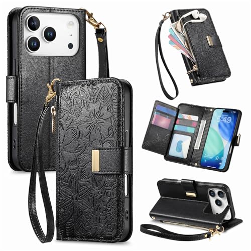 for iPhone 17 Pro Max Phone Case Wallet, Black | Built-in Card Holder (8-10 Cards), Zipper Pocket, Wrist Strap, Stand Kickstand, Flower PU Leather Protective Phone Case Women - color: Black, size: iPhone 17 Pro Max