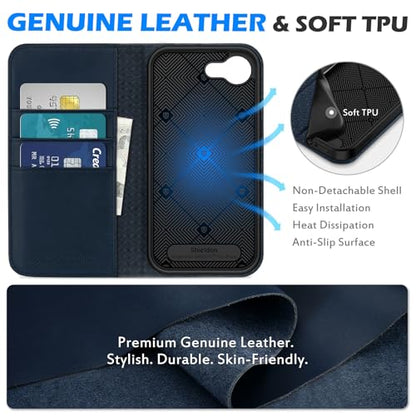 SHIELDON Genuine Leather Case Wallet for iPhone 17e/16e 6.1", Navy Blue | Flip, Magnetic Closure, RFID Blocking 3 Card Holder, Kickstand, Full Protection, Shock Absorbing Protective Cover - color: Navy Blue