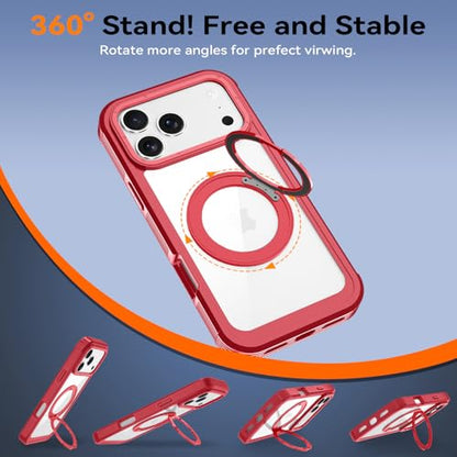 Magnetic for iPhone 17 Pro Case, Compatible with MagSafe, Full Body Rugged Case with Built-in Screen Protector & Kickstand & Belt-Clip (Red) - color: Red